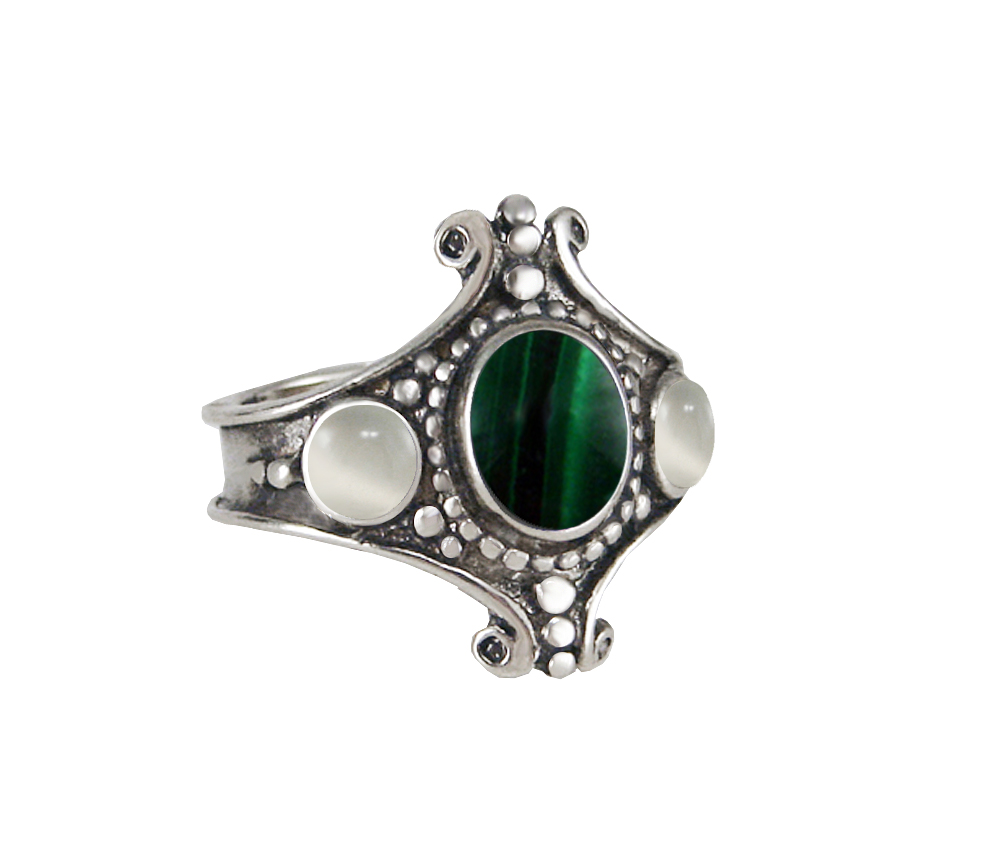 Sterling Silver Imperial Ring With Malachite And White Moonstone Size 9